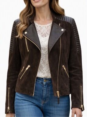 Mango Brown Suede Bomber Jacket Gold Zip Accents Leather Panels Moto Aviator S